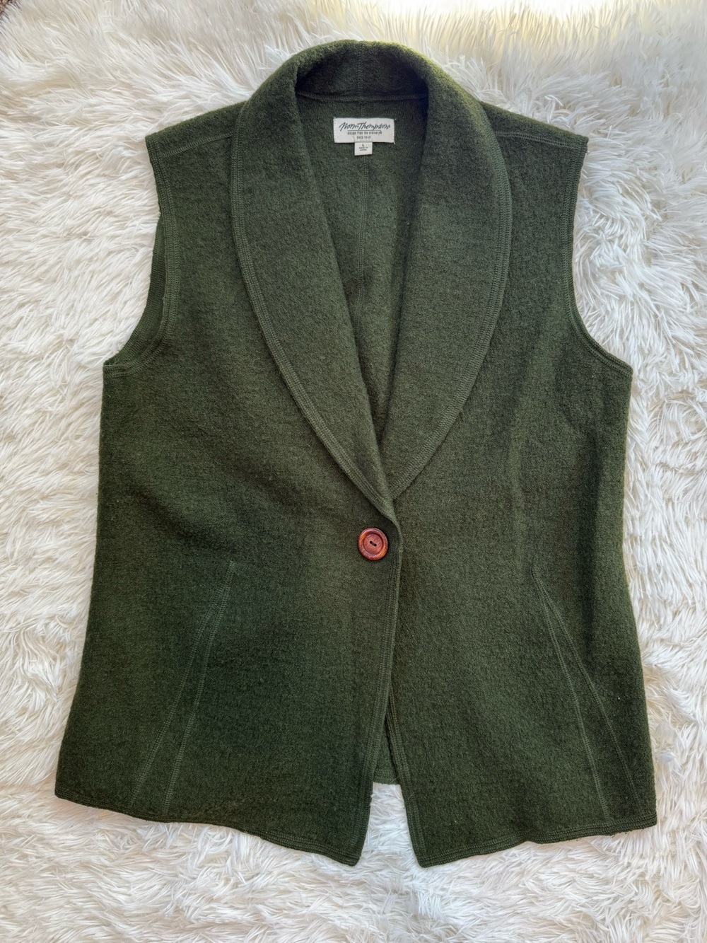 Norm Thompson olive green textured wool vest longline size large earthy